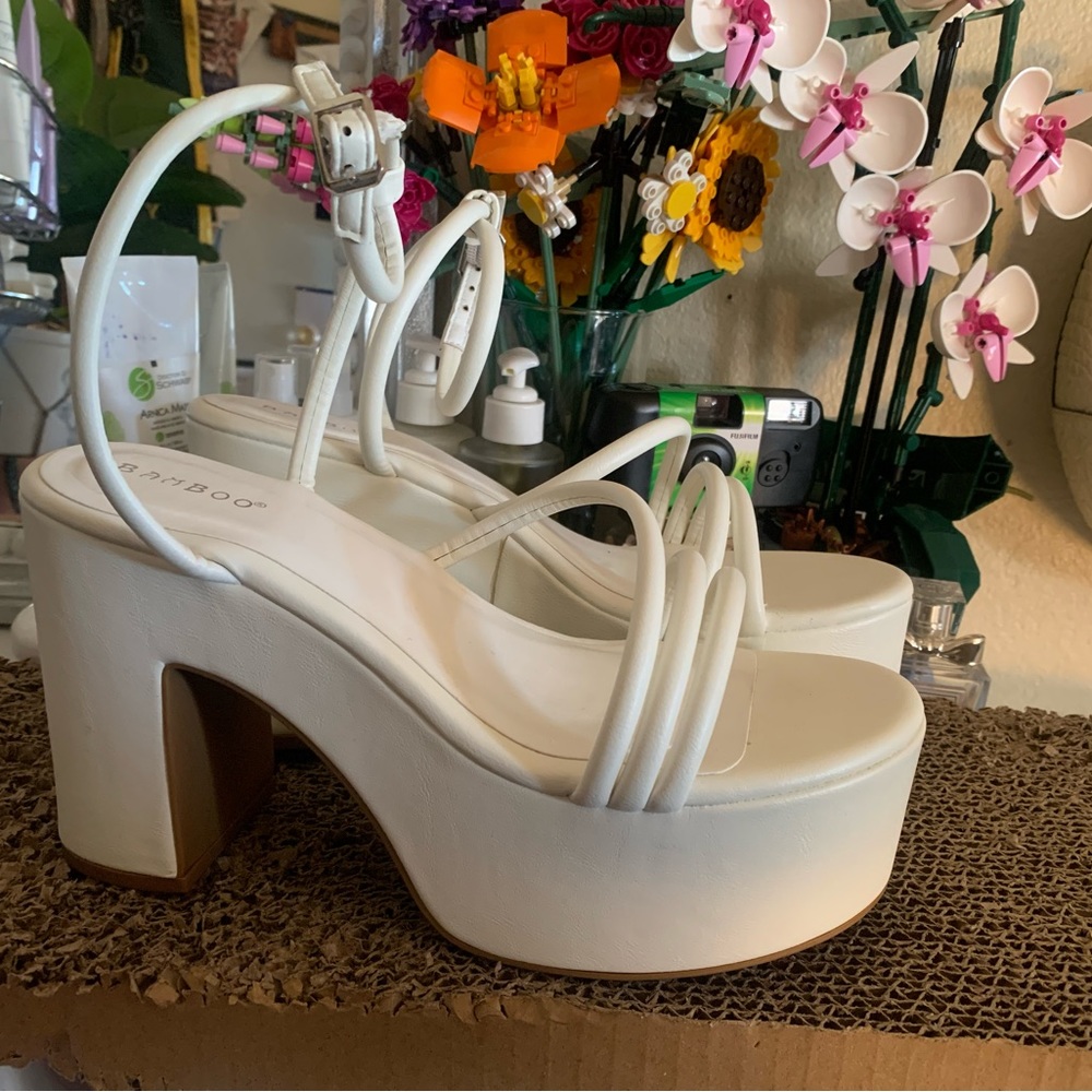 White strappy platform heels